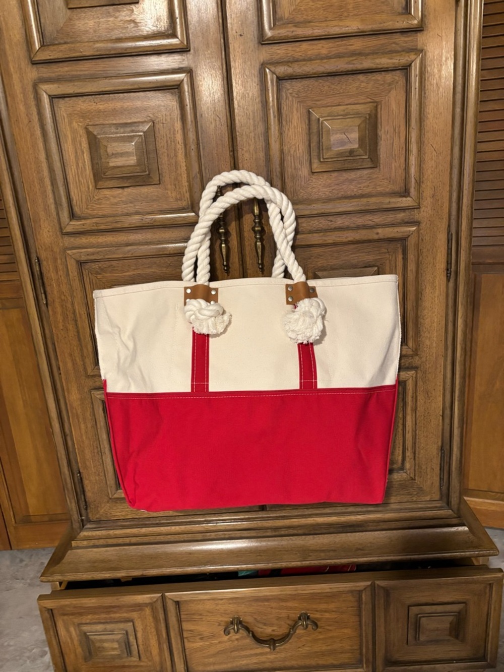LLBean , 100% Cotton Canvas Rope Tote Bag - Red and Cream